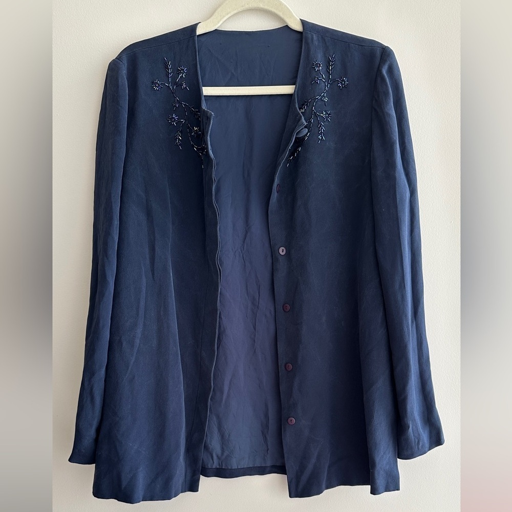 Vintage Silk Blue Bolero Jacket with Beaded Flowers, Navy Blue, Size L/XL